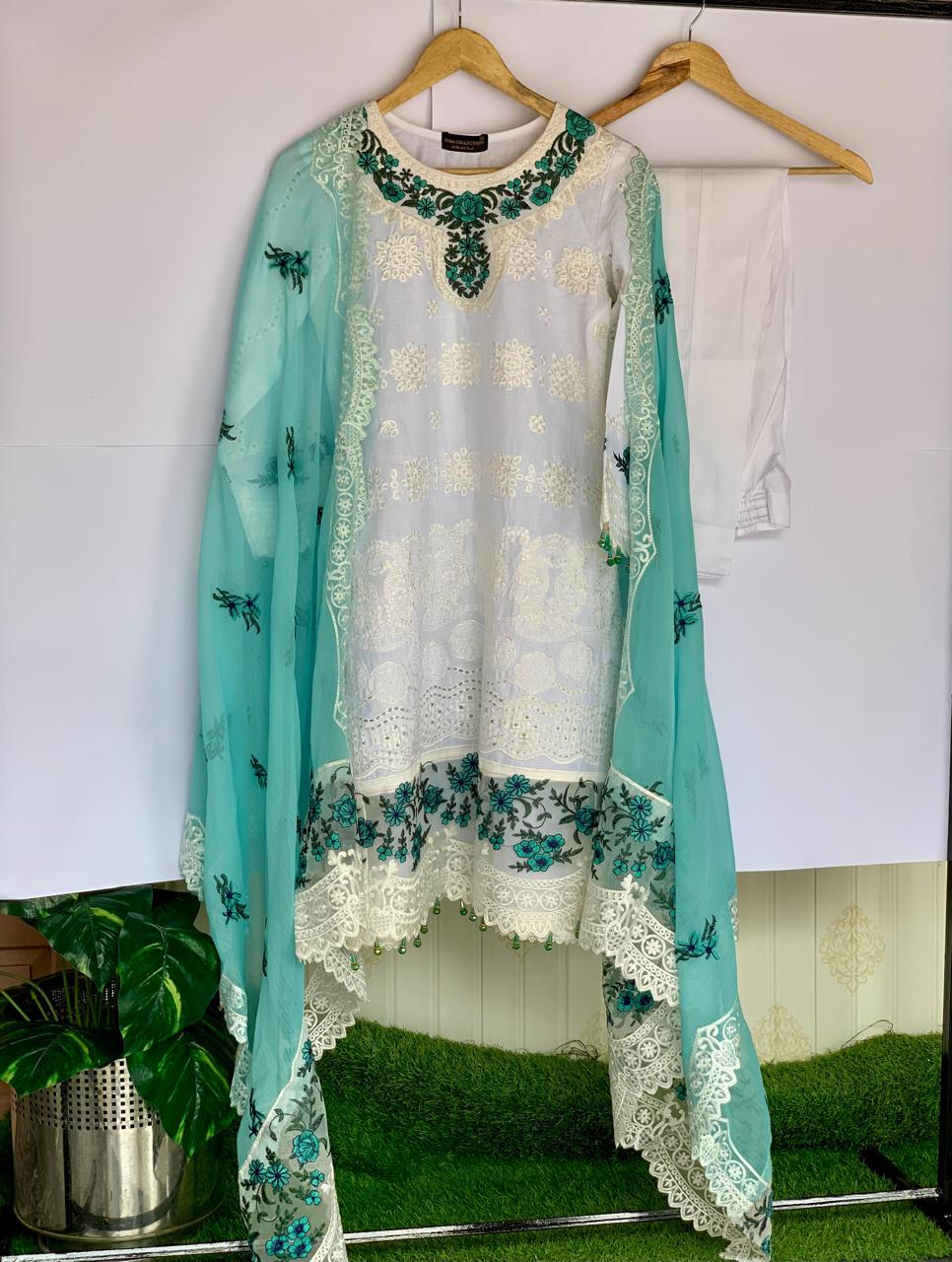 3pc Stitched Embroidered Chikankari White & Sea Green