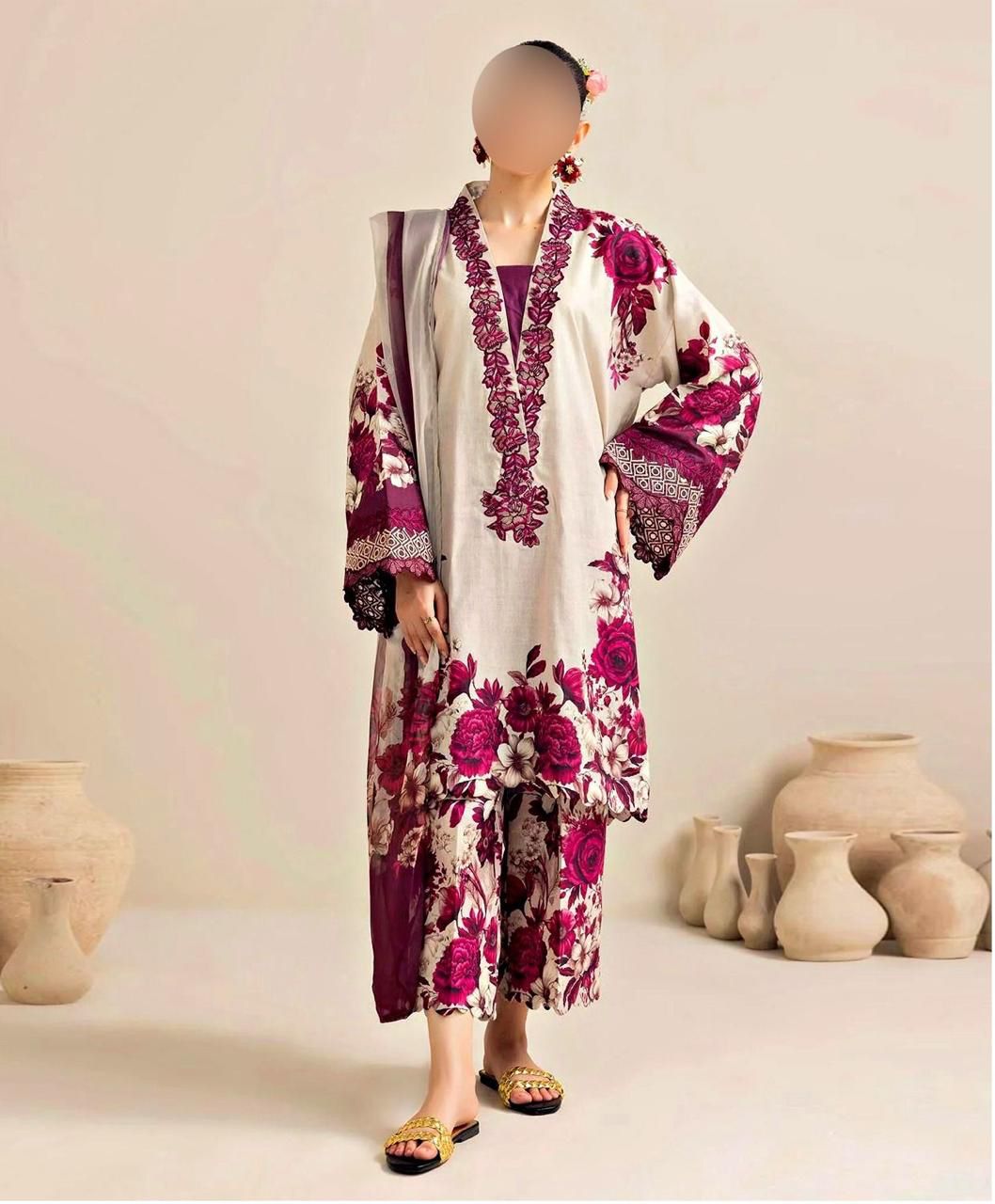 3pc Stitched Shamooz Silk Fabric Silk digital printed Duppata