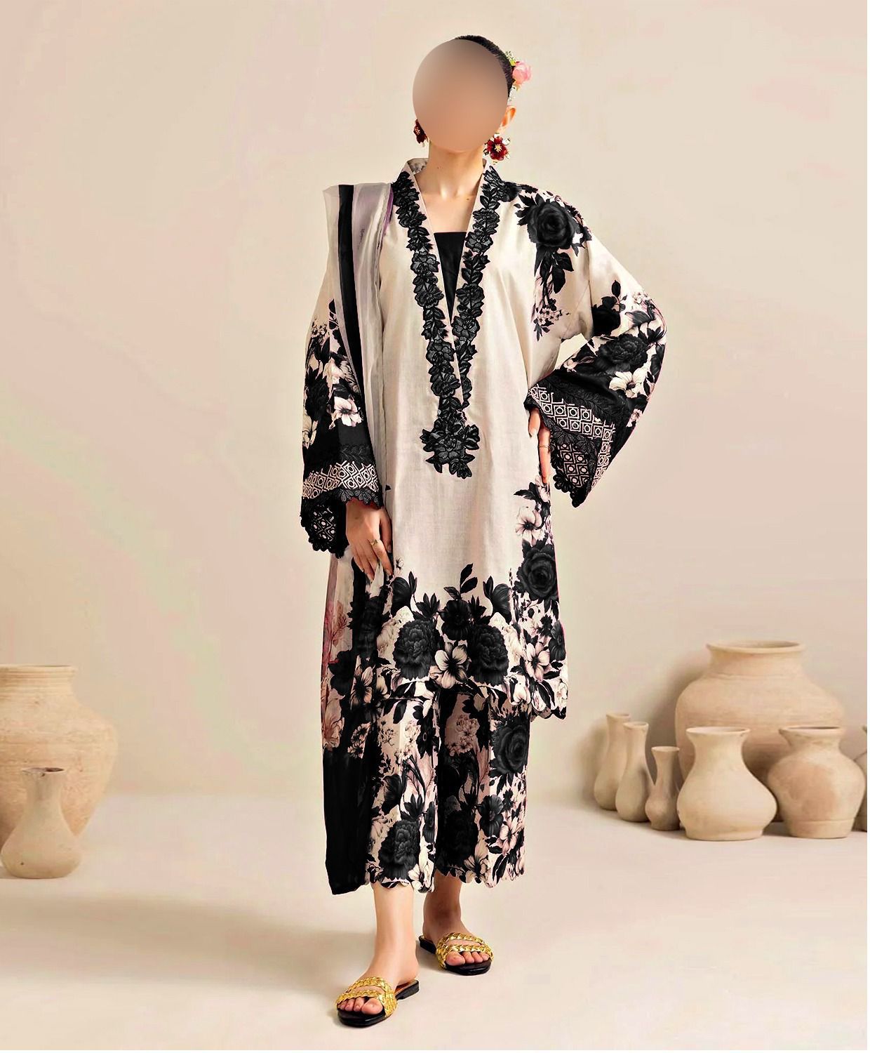 3pc Stitched Shamooz Silk Fabric Silk digital printed Duppata in Black