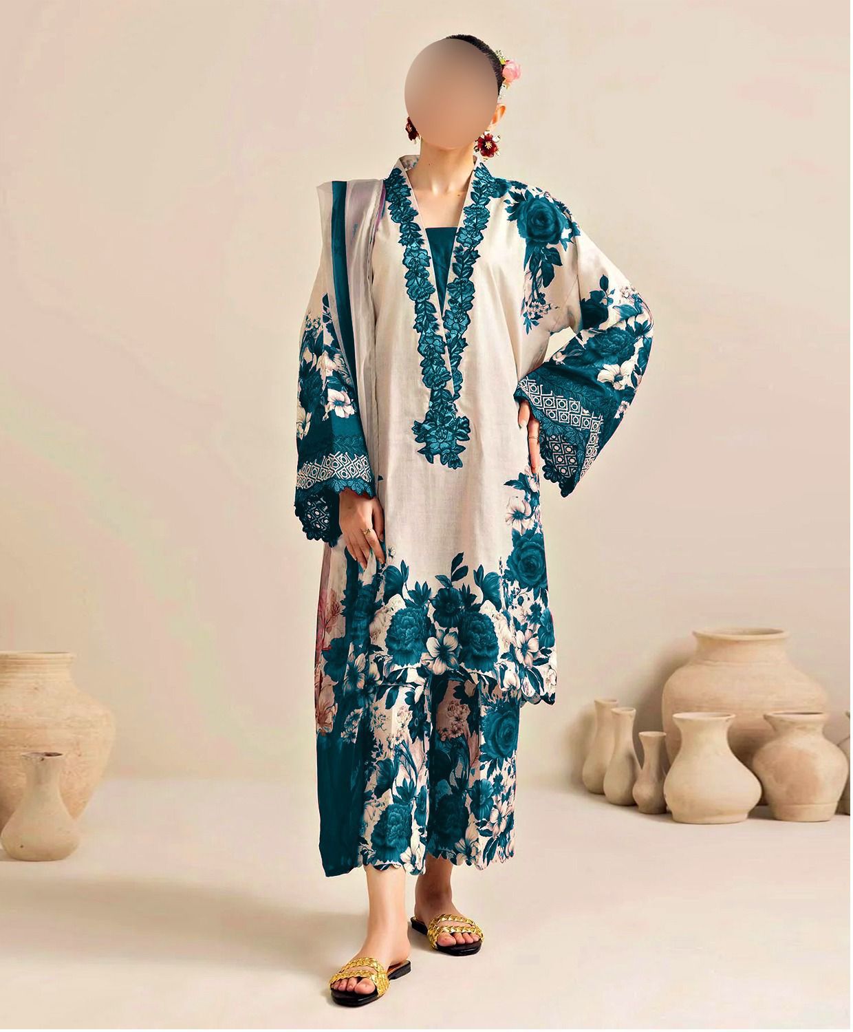 3pc Stitched Shamooz Silk Fabric Silk digital printed Duppata in Blue