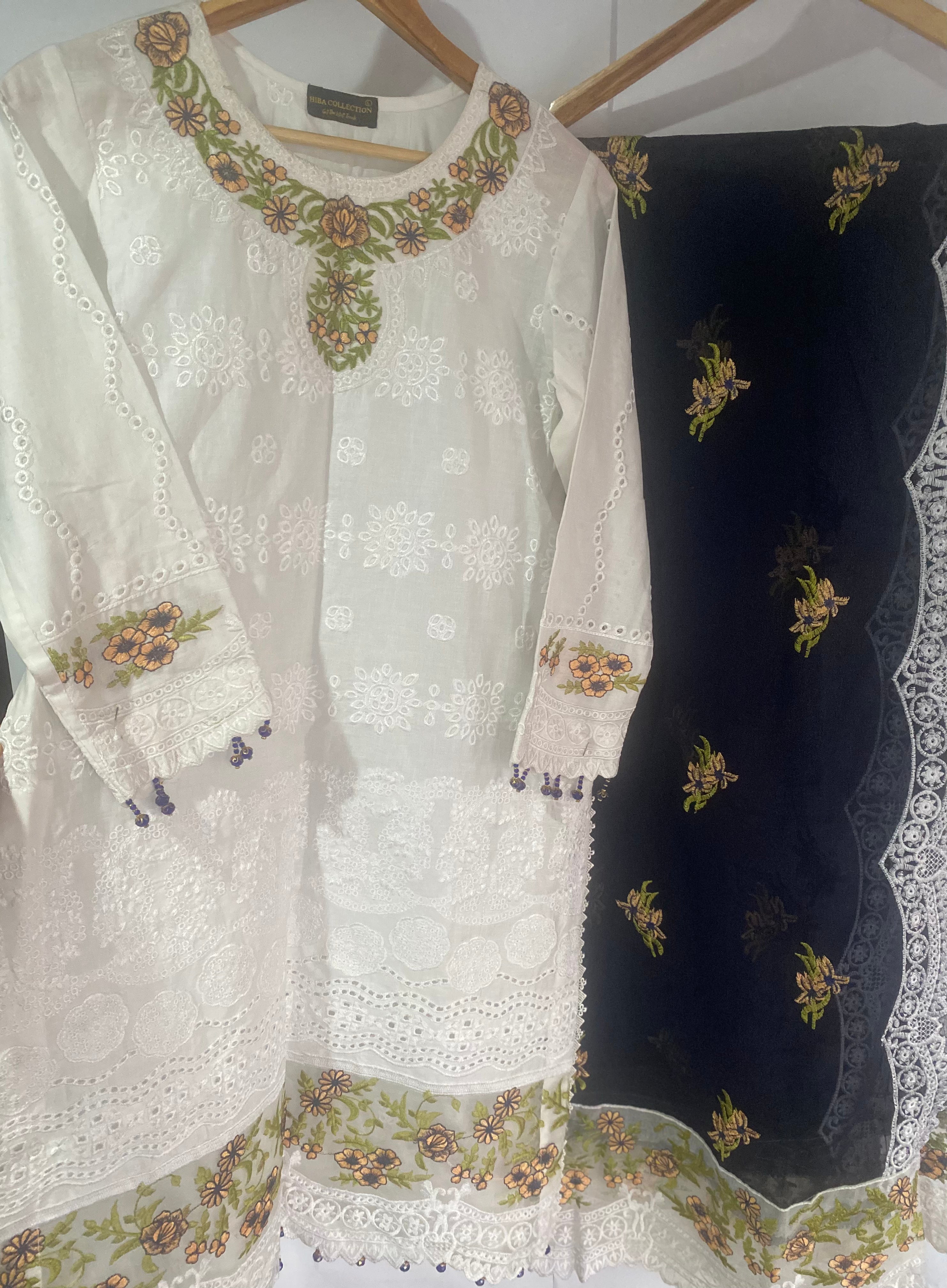 3pc Stitched Embroidered Chikankari White & Blue