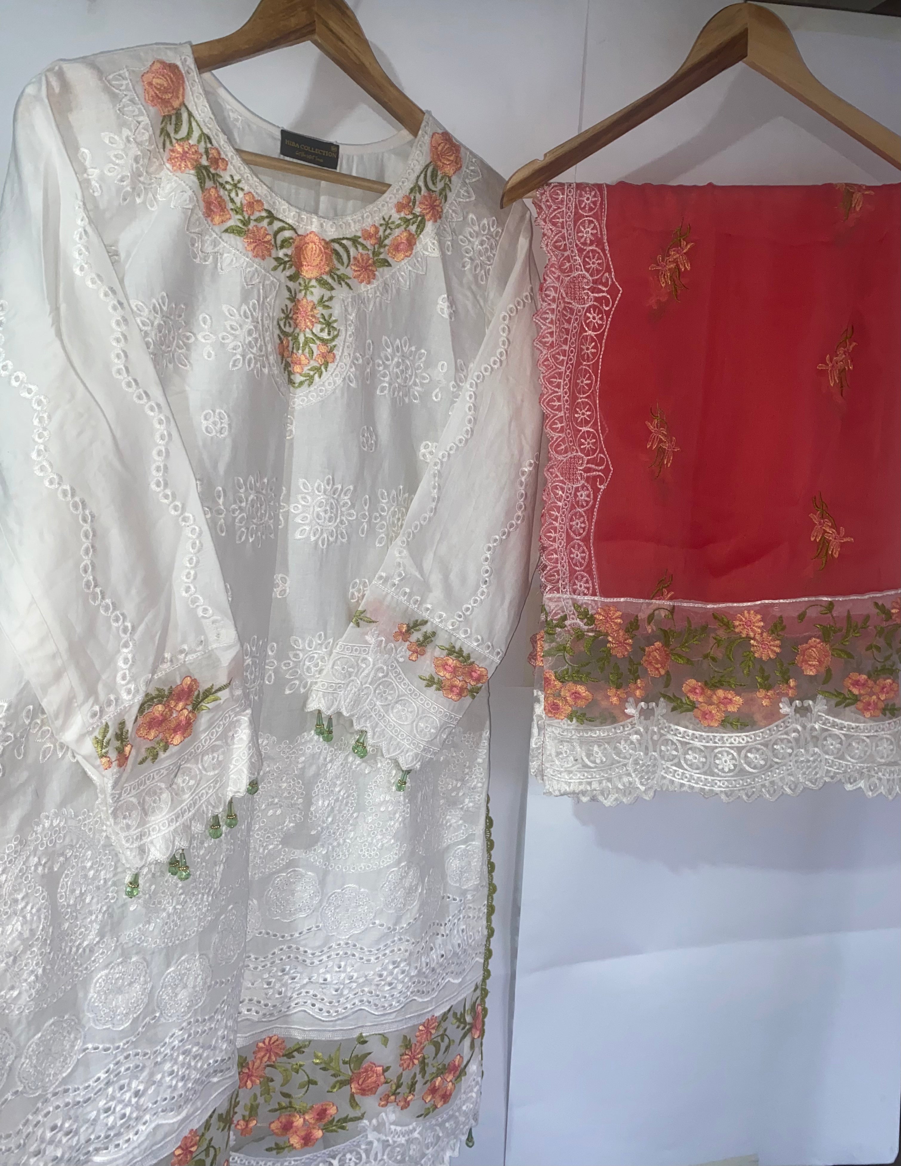 3pc Stitched Embroidered Chikankari White & Orange