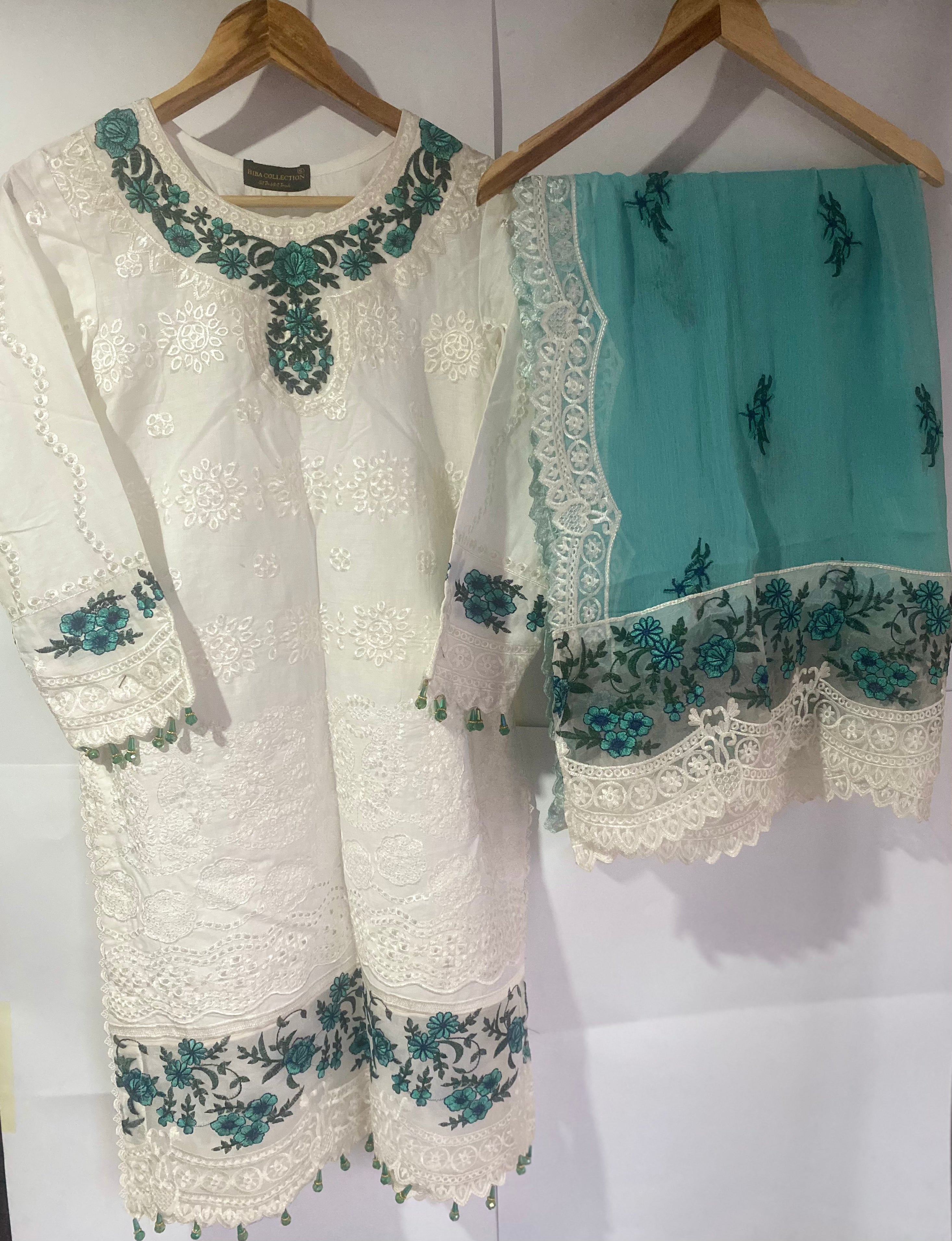 3pc Stitched Embroidered Chikankari White & Sea Green
