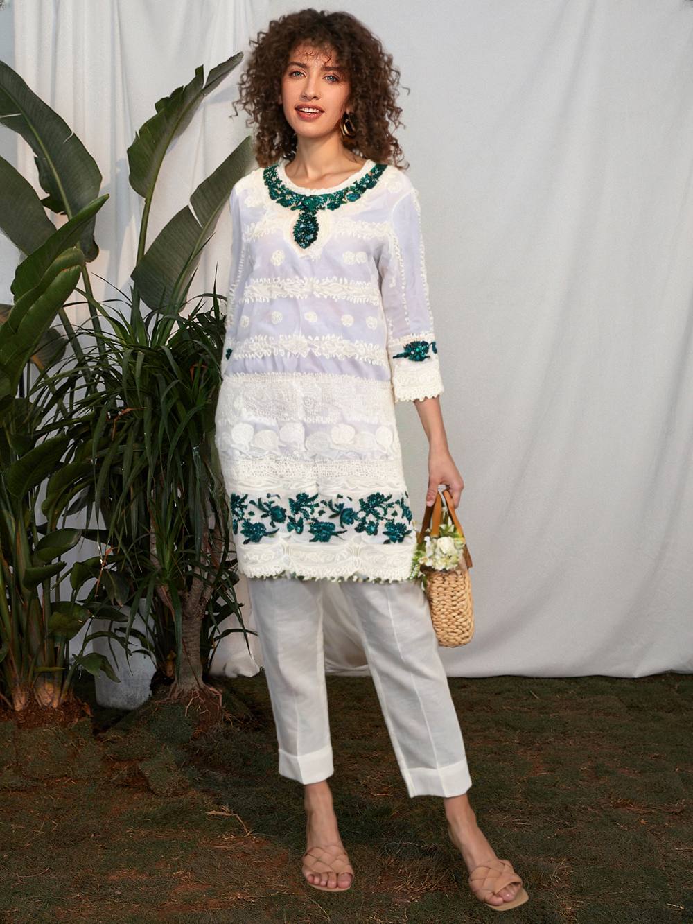 3pc Stitched Embroidered Chikankari White & Sea Green