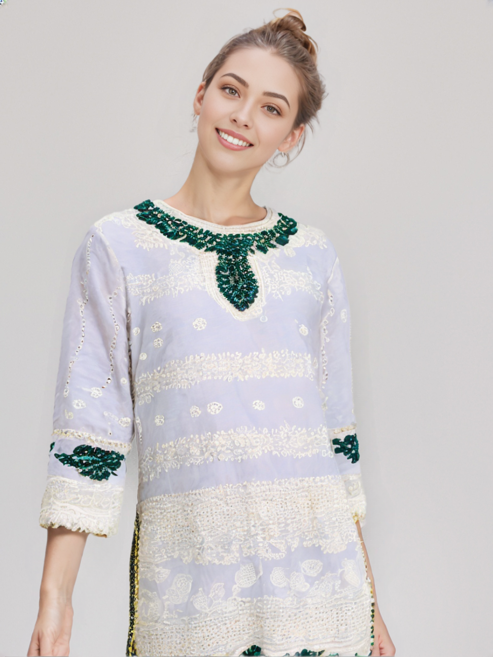3pc Stitched Embroidered Chikankari White & Sea Green