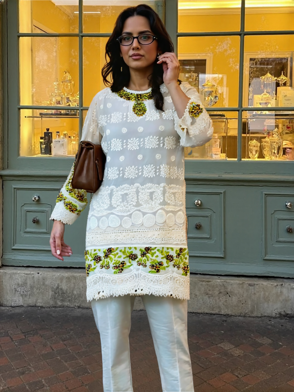 3pc Stitched Embroidered Chikankari White & Blue
