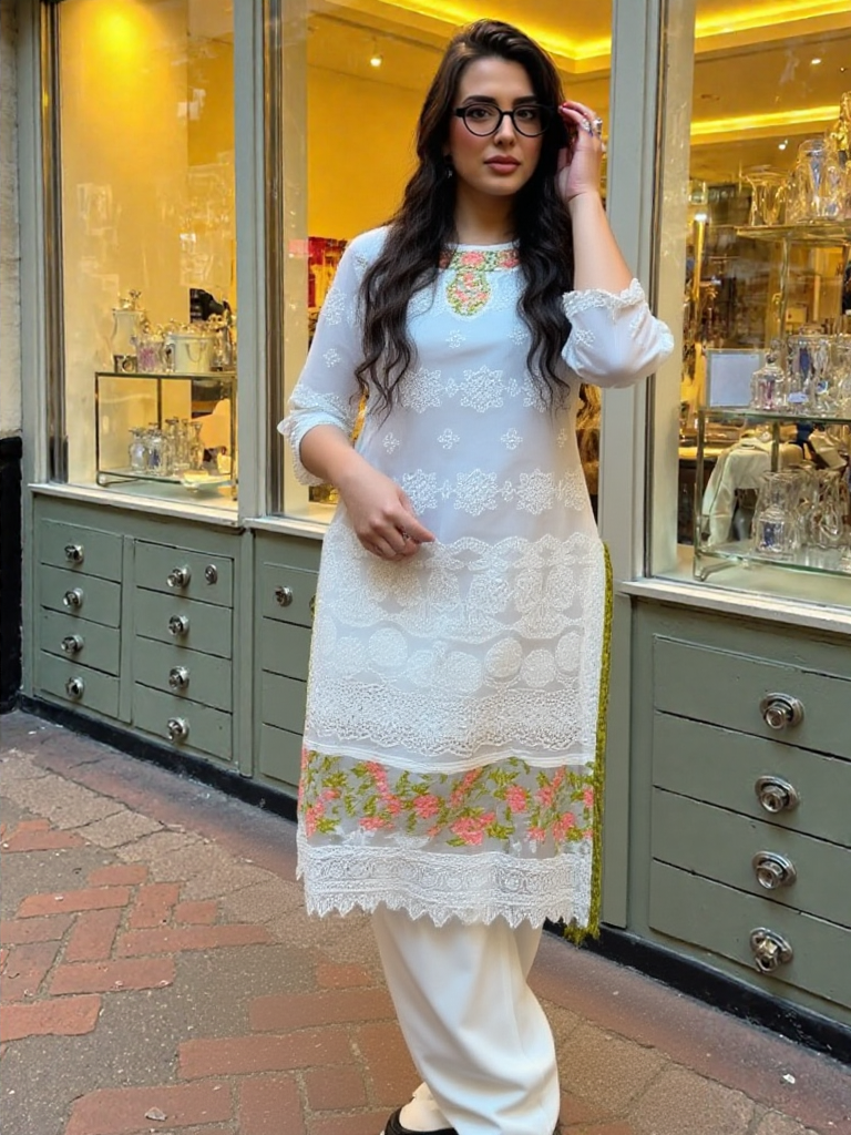 3pc Stitched Embroidered Chikankari White & Orange