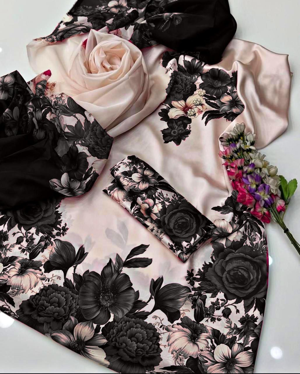 3pc Stitched Shamooz Silk Fabric Silk digital printed Duppata in Black