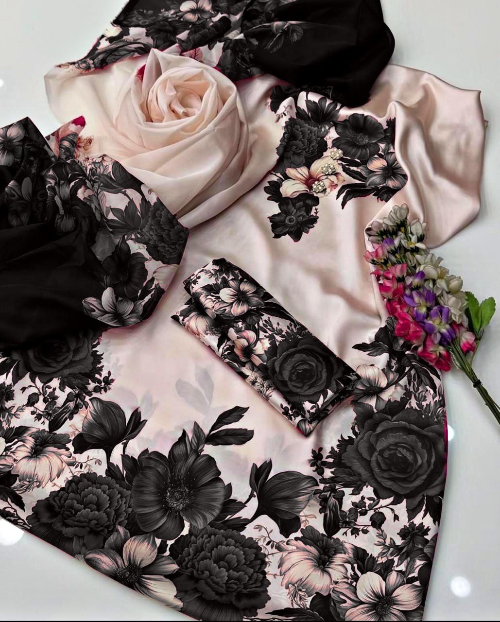 3pc Stitched Shamooz Silk Fabric Silk digital printed Duppata in Black